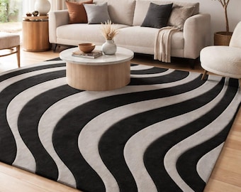 モダンな抽象的スクイグルラグ – ソフトグレーにミニマリストな黒の