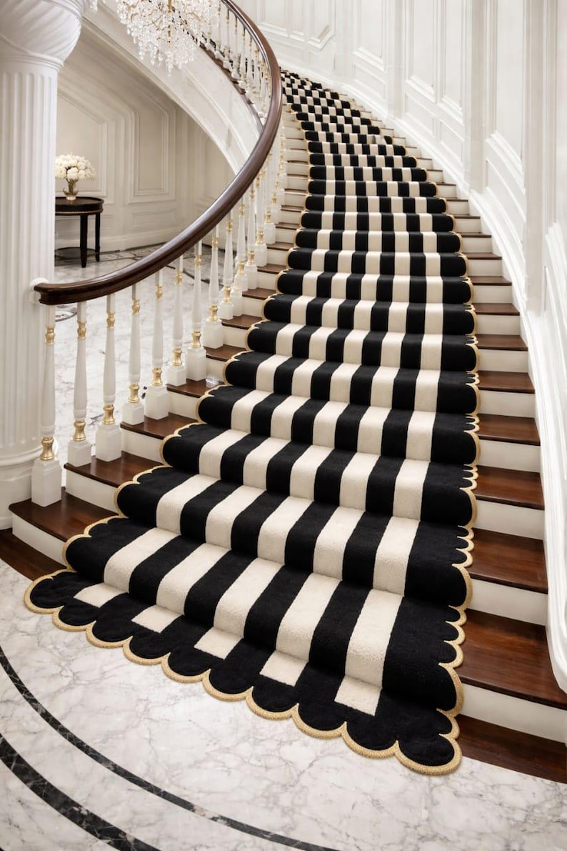 Luxury Black & Ivory Striped Hand Tufted Stair Runner Rug, Custom ...