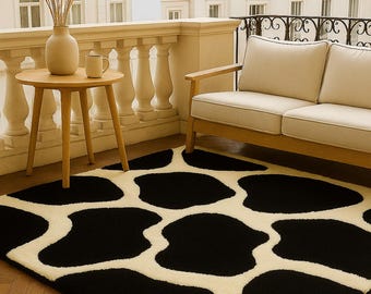 Tappeto in lana annodato a mano – Design astratto moderno in bianco e nero