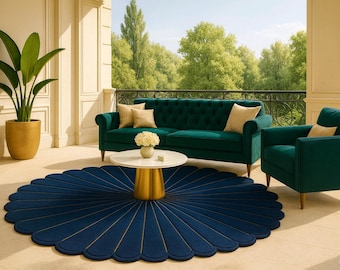Scalloped Round Hand Tufted Wool Rug Blue Petal Design, Modern Floral Circle Area Rug, Luxury Statement Carpet Custom Sizes Available
