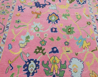 Hand Knotted Pink Oushak Rug, New Zealand Wool Rug, Floral Vintage Style Area Rug Handmade Pastel Carpet Luxury Living Room Decor