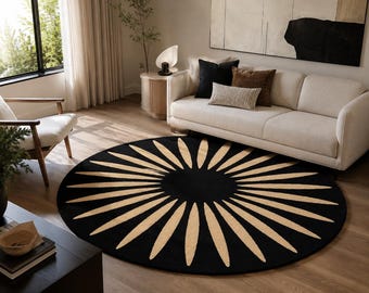 Modern Round Sunburst Rug Black & Beige Geometric Design Hand Tufted Handmade Area Rug 3x3,4x4,5x5,6x6,7x7,10x10ft for Living Room and more.