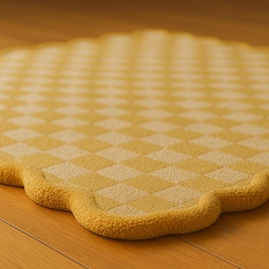 Checkered Rug with Scalloped Edges Golden Yellow & Beige Hand Tufted Handmade Area Rug 3x3,4x6,5x8,6x9,8x10,9x12,10x14ft for Living Room.