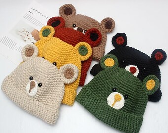 Cute Crochet Bear Beanie Hats with Ear, Kawaii Cartoon Hand Knitted Caps for Adults, Autumn Winter Warm Hats, Casual Outdoor Caps for Women