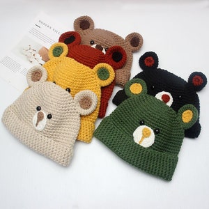 Cute Crochet Bear Beanie Hats with Ear, Kawaii Cartoon Hand Knitted Caps for Adults, Autumn Winter Warm Hats, Casual Outdoor Caps for Women