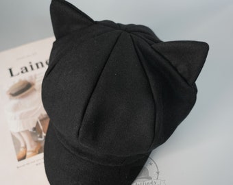 Vintage Black Cat Ear Octagonal Hats, Cute Cat Design Hat for Women, Autumn Winter Warm Gatsby Hats, Painter Messenger Hat, Gift for Girls