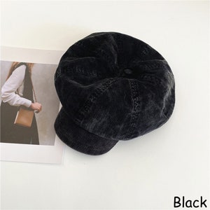 5 Farbe Retro Cord Einfarbig Achteckige Hüte, Herbst Winter Newsboy Caps für Frauen, Klassische Baker Boy Hüte, Cabbie Caps, Geschenk für Frauen Black