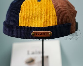 Czapki Docker z kontrastowym sztruksem, spersonalizowana czapka beanie bez daszka z imieniem, spersonalizowane czapki ze skórzanymi naszywkami, idealny prezent dla przyjaciół