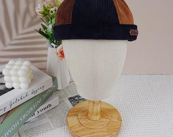 Modne, trójkolorowe czapki Docker z trójkolorowego sztruksu, czapka beanie z japońskim ściegiem, czapki jesienno-zimowe, regulowane czapki marynarskie