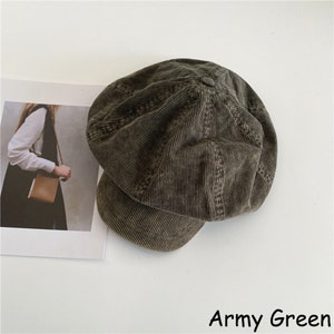 5 Farbe Retro Cord Einfarbig Achteckige Hüte, Herbst Winter Newsboy Caps für Frauen, Klassische Baker Boy Hüte, Cabbie Caps, Geschenk für Frauen Army Green