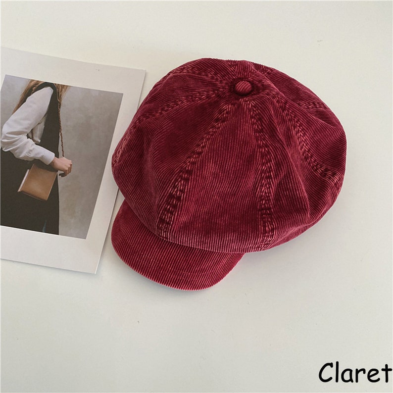 5 Farbe Retro Cord Einfarbig Achteckige Hüte, Herbst Winter Newsboy Caps für Frauen, Klassische Baker Boy Hüte, Cabbie Caps, Geschenk für Frauen Claret