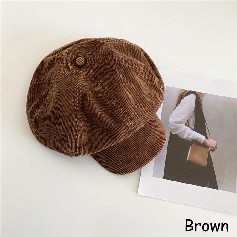 5 Farbe Retro Cord Einfarbig Achteckige Hüte, Herbst Winter Newsboy Caps für Frauen, Klassische Baker Boy Hüte, Cabbie Caps, Geschenk für Frauen Brown