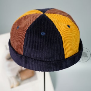 3 Color Vintage Three-toned Corduroy Docker Caps, Japanese Stitching Color Brimless Beanie Hat, Autumn Winter Hats, Adjustable Sailor Caps