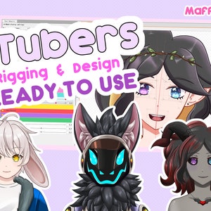 Op de afbeelding: Digitale karakter-assets voor VTubers met drie verschillende avatars: een personage met wit haar en konijnenoren, een zwart robotachtig wezen met lichtblauwe accenten en een donkerharig personage met hoorns. Tekst: MaffinFanny, VTubers, Rigging & Design, READY TO USE, Cubism.