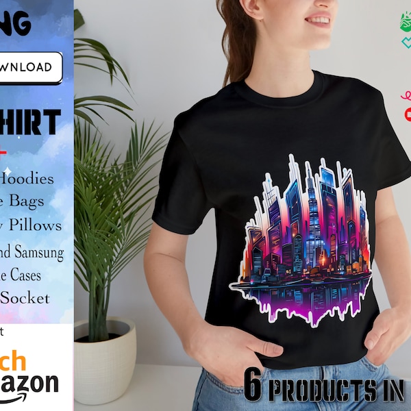 A Futuristic Cyberpunk Skyline POD PNG File Download, ready for Phone cases, Tote bag Hoodies, T-shirts, Throw Pillows