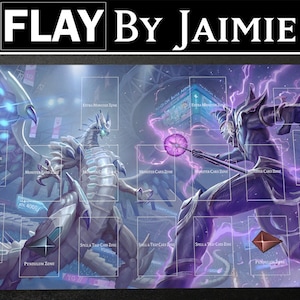 YGO Playmat Blue-Eyes vs Dark Magician con bolsa de transporte gratuita, Tapete de juego de duelo personalizado de tela premium, Impresión Ultra HD con superficie antideslizante,