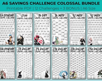 May include: A printable PDF set of 12 savings challenge charts featuring anime characters. The charts include a variety of savings goals, from $1 to $500. The charts are designed to help people save money and reach their financial goals.