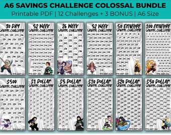 May include: A set of 12 printable savings challenge charts featuring anime characters. Each chart has a different savings goal, such as $1 per day, $5 per week, or $50 per month. The charts are designed to help people save money and reach their financial goals.