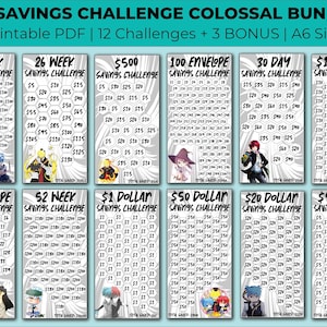 Pode incluir: Um conjunto de 12 tabelas de desafio de poupança imprimíveis no tamanho A6 com diferentes personagens de anime. Cada tabela tem um objetivo de poupança único, como um desafio de poupança de 2 € por semana ou um desafio de poupança de 500 €. As tabelas são projetadas para ajudar as pessoas a poupar dinheiro e atingir seus objetivos financeiros.