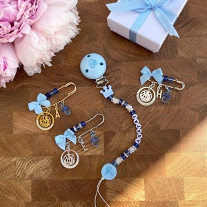 Islamic Baby Gift Personalized Name • Bismillah MashaAllah • Brooch Pacifier Chain Gift Set • Baby Blue • Baby Pink • Pink