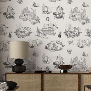 Carta da parati Ranch Toile de Jouy Carta da parati in bianco e nero con schizzi del sud-ovest Carta da parati Western Cowboy Carta da parati staccabile e adesiva Country Deco