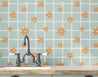 Grün karierte Tapete zum Abziehen und Aufkleben Funky Plaid Wandbild Retro Blumentapete Abnehmbares Geometrisches Wandbild Boho Kinderzimmer Akzent