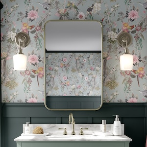 Sage Green Chinoiserie Wallpaper Peel And Stick Tropical Bird Wall Mural Floral Bathroom Wallpaper Botanical Nursery Accent Wall