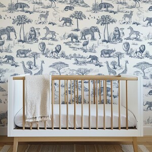 Blue Safari Toile Wallpaper Peel and Stick Vintage African Wallpaper Kids Room Jungle Toile De Jouy Wall Mural Animal Tropical Wallpaper