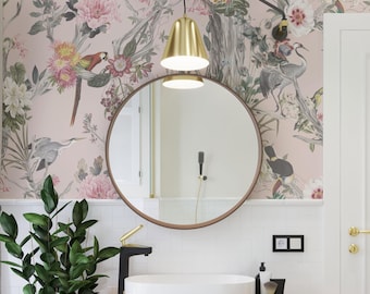 Blush Pink Peel And Stick Wallpaper Chinoiserie Floral Wall Mural Tropical Bird Wallpaper Modern Bathroom Wallpaper Soft Tones Nursery Wall