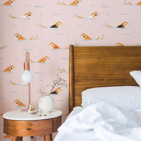 Retro Swimmer Wallpaper Pink Pool Wall Mural Summer Bathroom Blush Pink Peel And Stick Wallpaper Coastal Home Decor Cute Wall Cover
