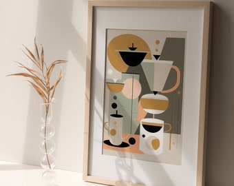 Poster di caffè retrò Decorazione da parete per cucina moderna di metà secolo Illustrazione di una tazza di caffè Decorazione eclettica per la cucina Stampa di caffè con filtro retrò Espresso