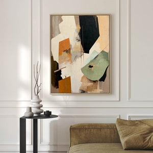 Impressão em tela emoldurada, estilo Japandi abstrato, para pendurar na parede, em terracota. Arte moderna e minimalista para sala de estar, com inspiração Wabi Sabi em tons neutros.