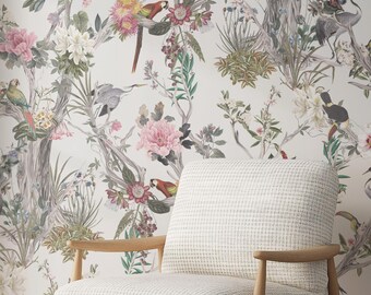 Neutral Botanical Wallpaper Chinoiserie Bird Accent Wall Floral Peel And Stick Wallpaper Tropical Bathroom Wildflower Wallpaper
