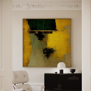 Wabi Sabi goud en groen abstracte canvaskunst Kintsugi vierkante canvasafdruk met comfortabele kleuren Japandi moderne minimalistische neutrale muurkunst