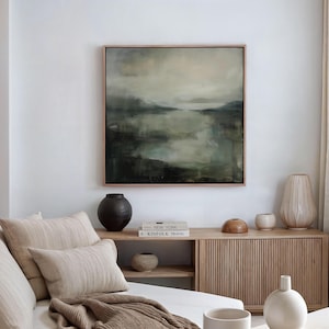 Arte de parede em tela japonesa minimalista Wabi Sabi, impressão de paisagem abstrata, arte de parede verde-sálvia, moldura flutuante, tela, paisagem neutra