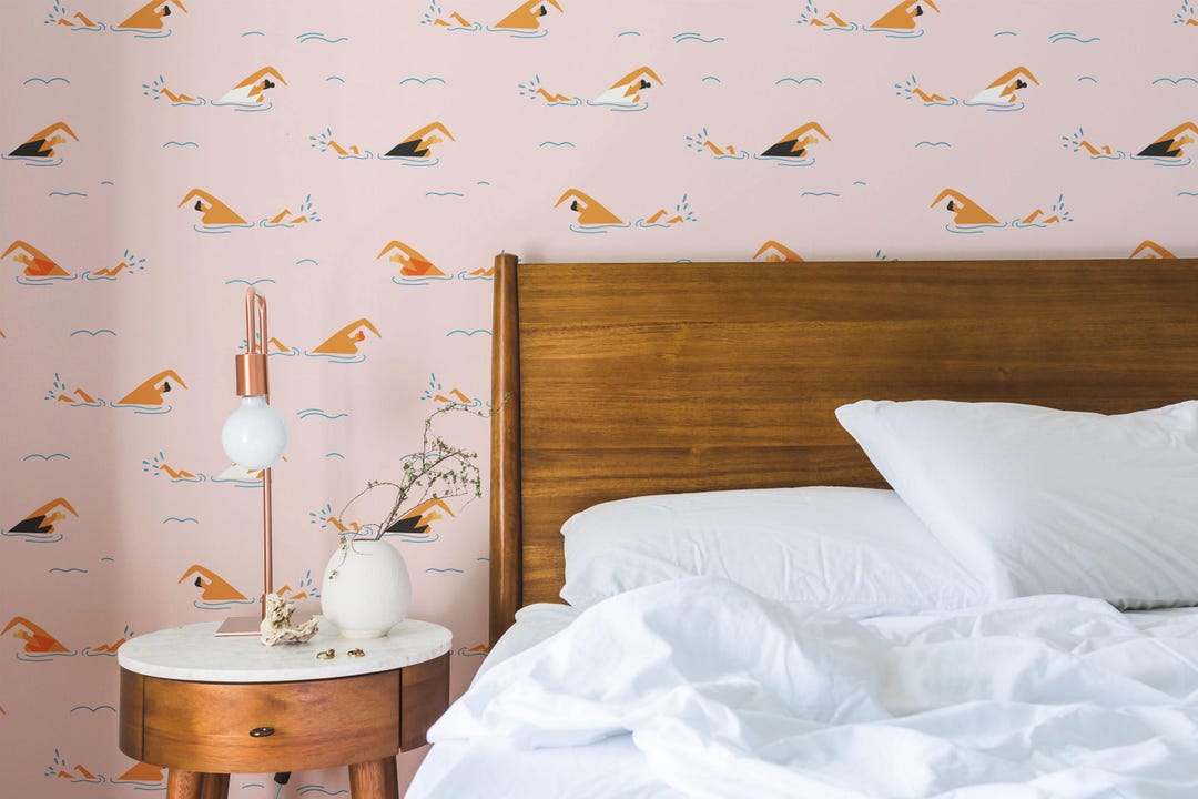 Retro Swimmer Wallpaper Pink Pool Wall Mural Summer Bathroom Blush Pink ...