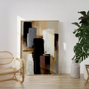 Arte de parede japonesa bege, marrom e preta, Wabi Sabi, arte abstrata japonesa, pôster minimalista com pinceladas grossas