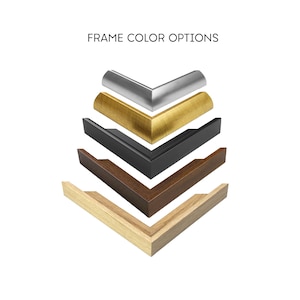 May include: Four frame corner samples in different colours: natural wood, dark brown wood, black, and silver.  FRAME COLOR OPTIONS is written above the samples.