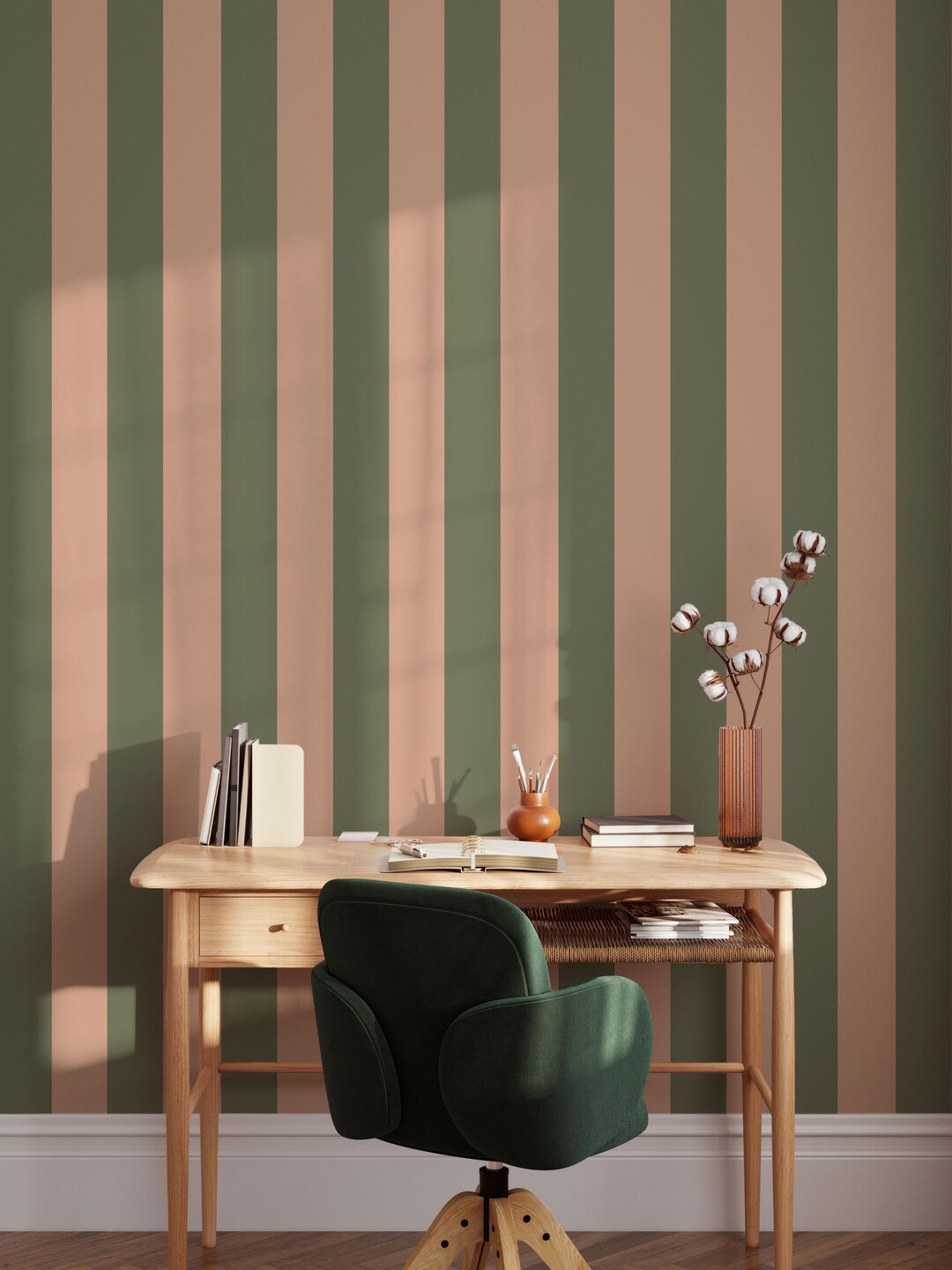Retro Green Stripe Wallpaper Powder Pink Classic Wall Mural Mid-century ...