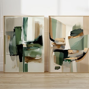Set di 2 stampe artistiche da parete contemporanee alla moda in rosa cipria, oro e verde, Japandi, arte astratta, Wabi Sabi neutra, arte da parete, arte minimalista moderna