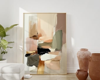 May include: Abstract art print with a gold frame. The print features a mix of brown, pink, green, and black paint strokes.