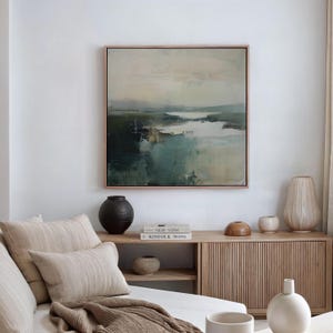 Abstract Landscape Canvas Wall Art Japandi Square Print Wabi Sabi Sage Green Wall Art Framed Nature Print Minimalist Floating Frame Canvas