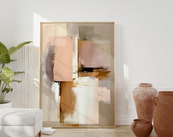 May include: Abstract art print with geometric shapes in shades of brown, pink, and white. The print is framed in a gold frame and is hanging on a white wall.