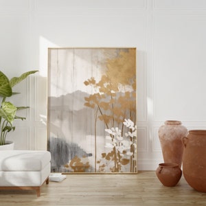 Japandi Neutral Wall Art Floral Wabi Sabi Abstract Nature Art Print Flowers Beige Gold Minimalist Canvas Modern Aesthetic Poster Japanese