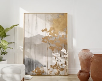 May include: Abstract landscape painting with gold and white brushstrokes on a canvas. The painting features a mountain range in the background and trees in the foreground. The painting is framed in a gold frame.