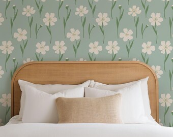 White Meadow Flower Botanical Peel & Stick Wallpaper Wildflower Classical Wall Cover Soft Green Botanical Wall Mural Delicate Floral Design