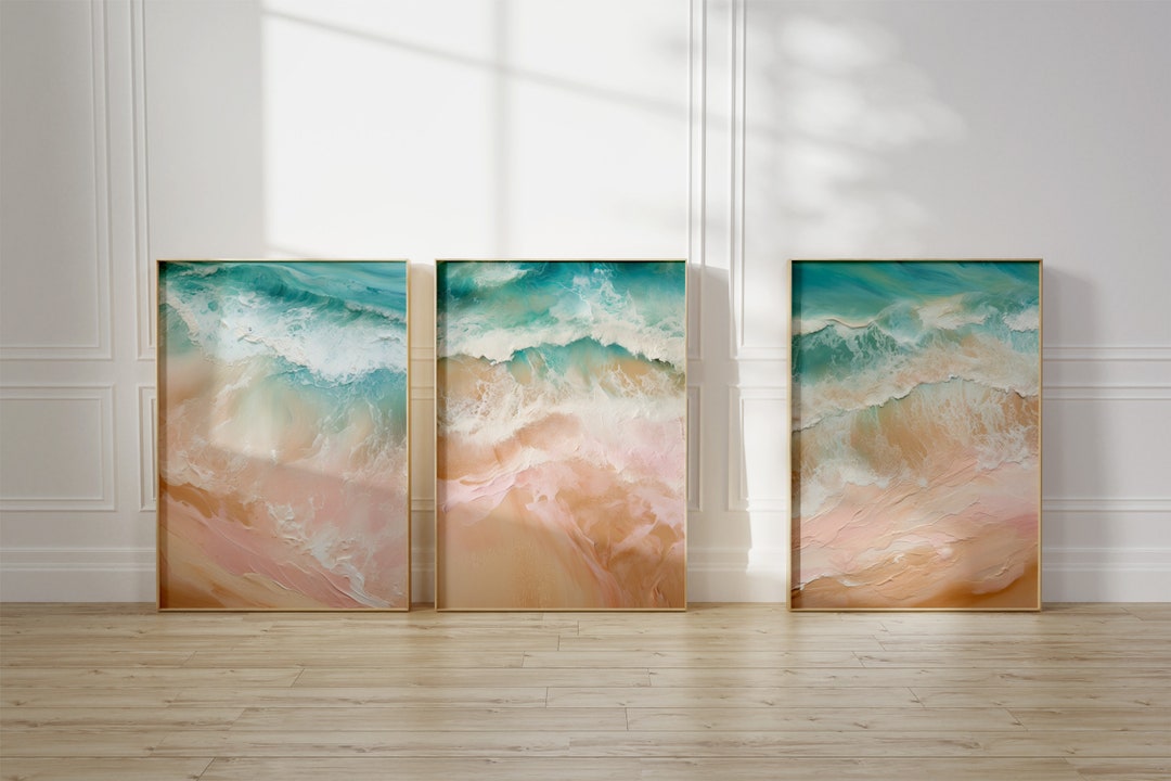 Beach Waves Pastel Print Set of 3 Blush Pink Ocean Wall Art Teal Beach ...