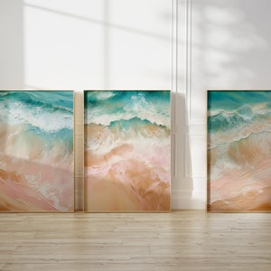 Juego de 3 impresiones pastel de olas de playa, arte de pared oceánico en rosa ruborizado, decoración de habitación de playa verde azulado, arte de lienzo costero de verano, juego de galería de pared tropical