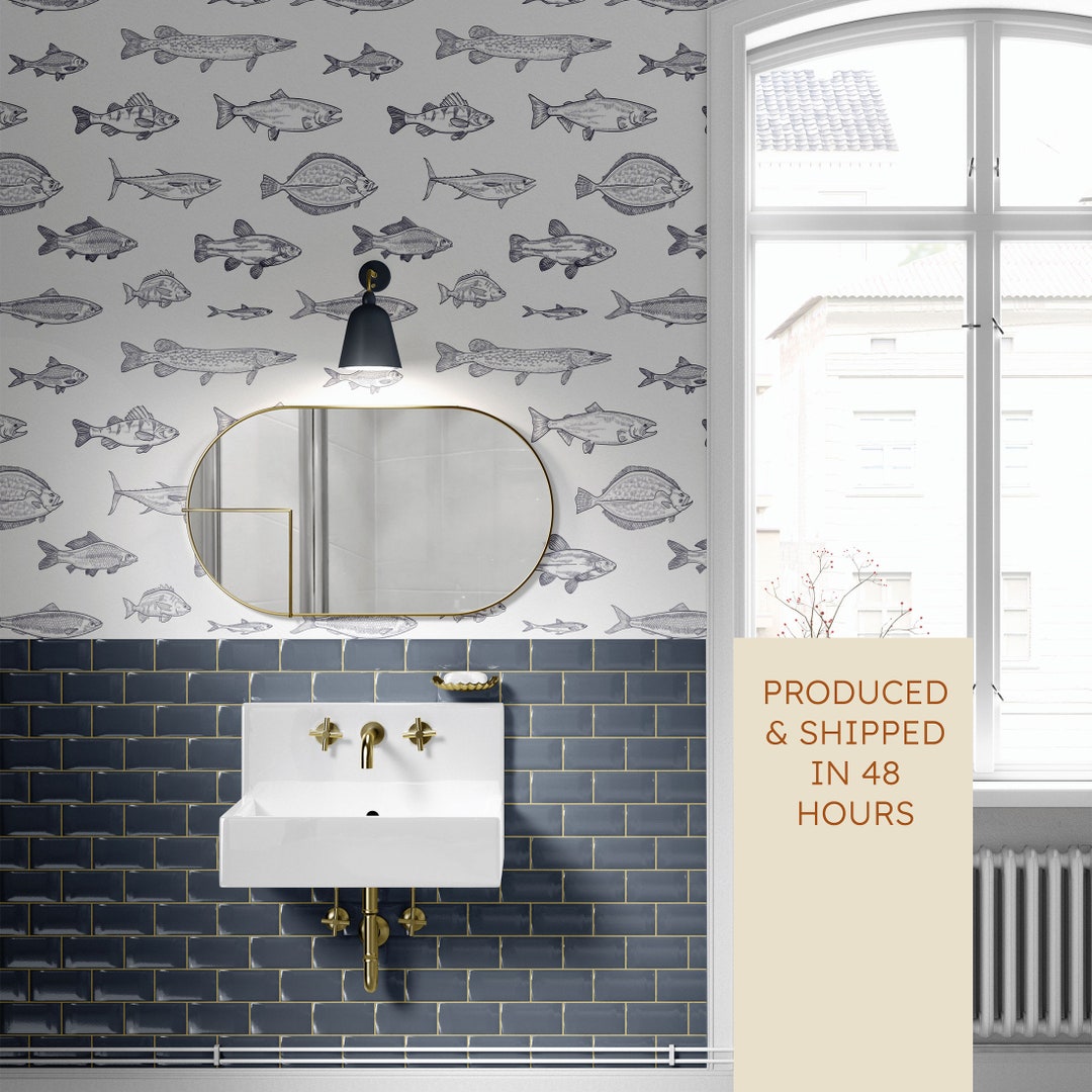 Fish Wallpaper Removable Navy Blue Wallpaper Nautical Vintage Peel and ...