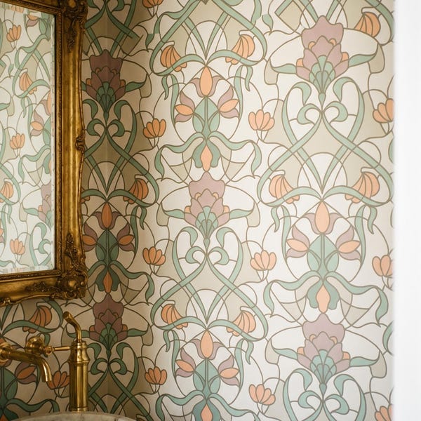 Pastel Art Nouveau Peel & Stick Wallpaper - Soft Sage and Peach Damask Floral - Mucha Inspired Bathroom Wall - Delicate Botanical Covering